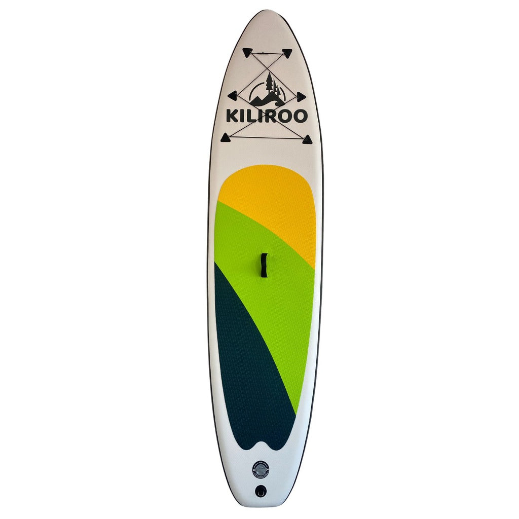 KILIROO Inflatable Stand Up Paddle Board in vibrant yellow, green, and black colors, showcasing its portable design and stability features.